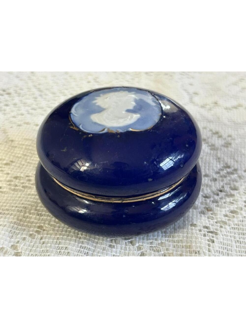 Vintage Royal Blue Medallion Porcelain Trinket Box from Germany